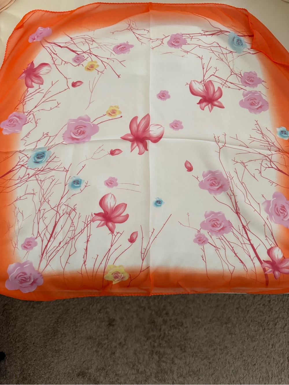 Artisan Orange Border Floral Silk-Look Scarf with Pink and Blue Flowers NWOT